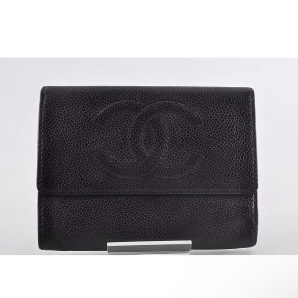 💎⭐️ Auth Chanel Caviar Skin Coco Mark Tri-Fold Wallet Leather Black ⭐️💎 - Picture 2 of 9